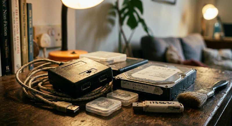 Dust motes dance in low light over an old desk with a magnifying glass and twisted ethernet cables in a shadowy flat.