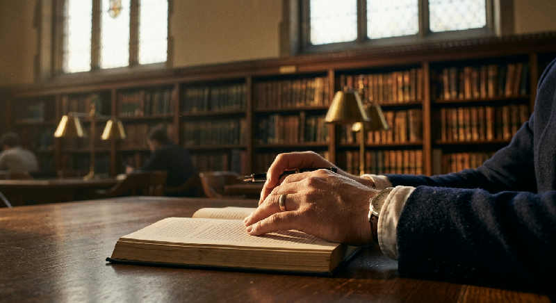 Sunlight streams across a person's hands as they leaf through a book in a dimly lit library.