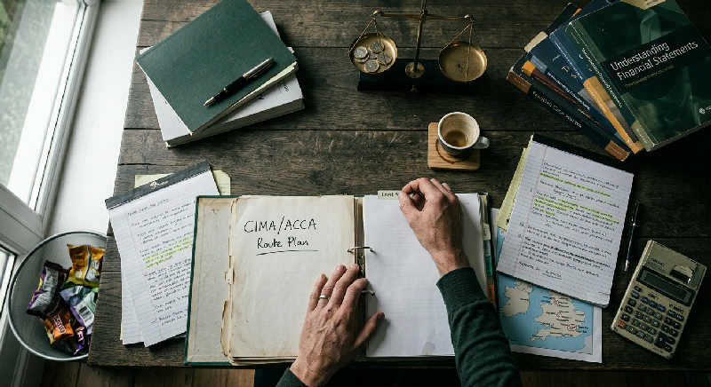 A pair of hands adjusts a professional ledger on a dark wooden table in soft, hazy morning light.