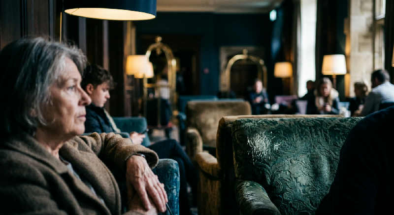A person in a suit sits in a dimly lit hotel lobby, looking ahead with a thoughtful, serious expression.