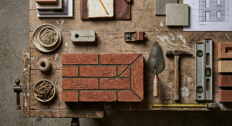Detailed top-down view of reclaimed bricks and terracotta tiles arranged on a neutral grey architectural surface.