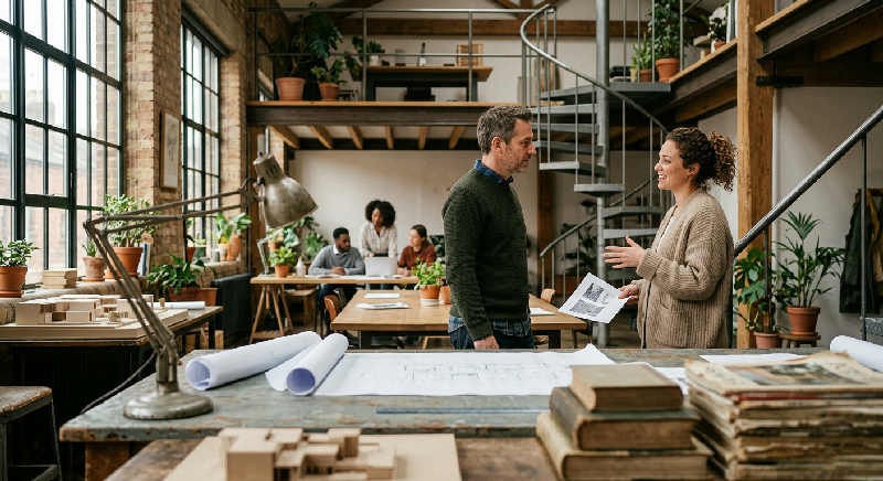 Colleagues talk in a blurred industrial loft foreground while others collaborate in a warm, sunlit open workspace.