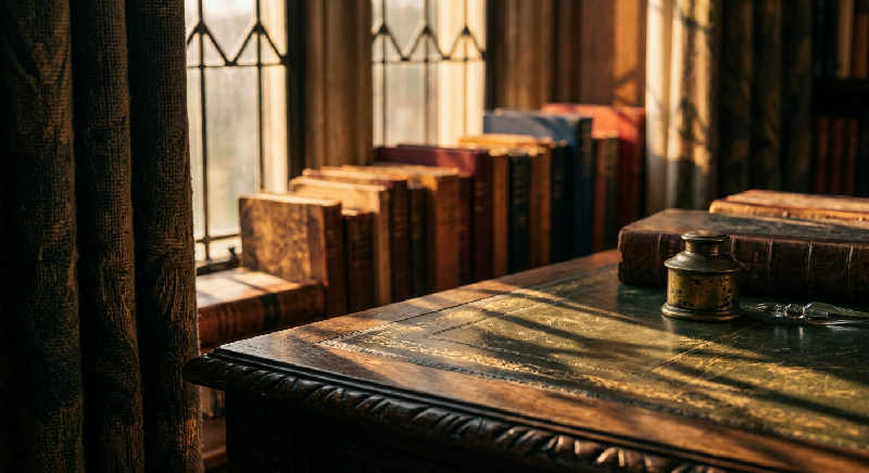 Soft sunset light casts long shadows across the textured spines of old books on a dark wooden library shelf.