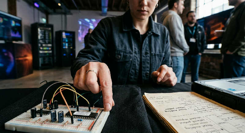 Close-up of a person's hand adjusting a dark control panel in a dimly lit, minimalist gallery setting.