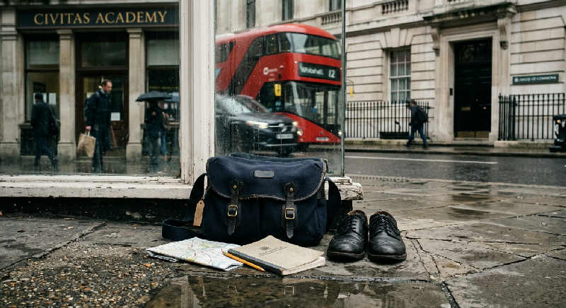 Puddles on a London street reflecting the Houses of Parliament under a soft, overcast grey sky.
